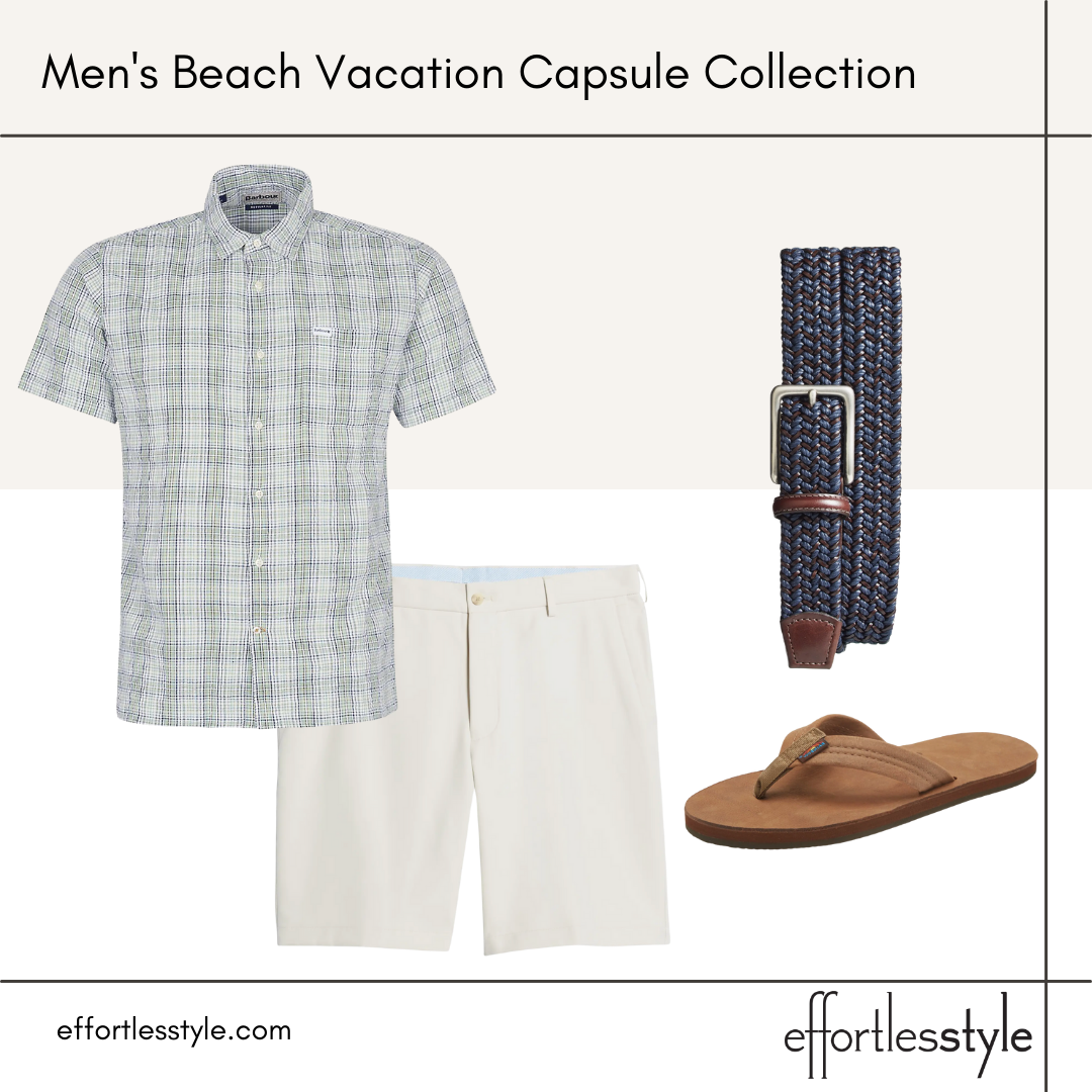 how to style a men's summer pattered button-up shirt how to wear flip flops with dressy shorts how to style a woven belt what to wear at the beach