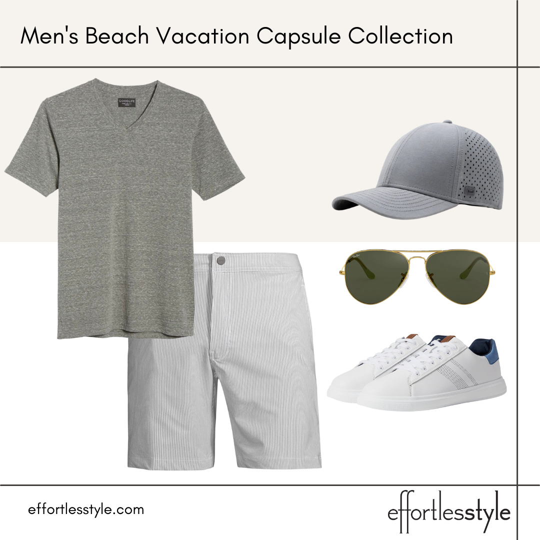 Men's Beach Vacation Capsule Styled Looks how to style a v-neck tee shirt how to style seersucker shorts how to dress up a n-neck tee in summer
