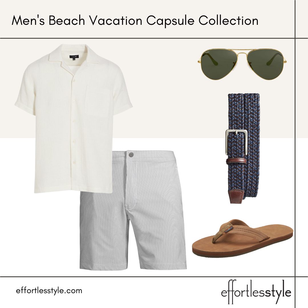 Men's Beach Vacation Capsule Styled Looks how to style seersucker shorts how to wear striped shorts in summer how to wear flip flops with dressy shorts how to dress up flip flops
