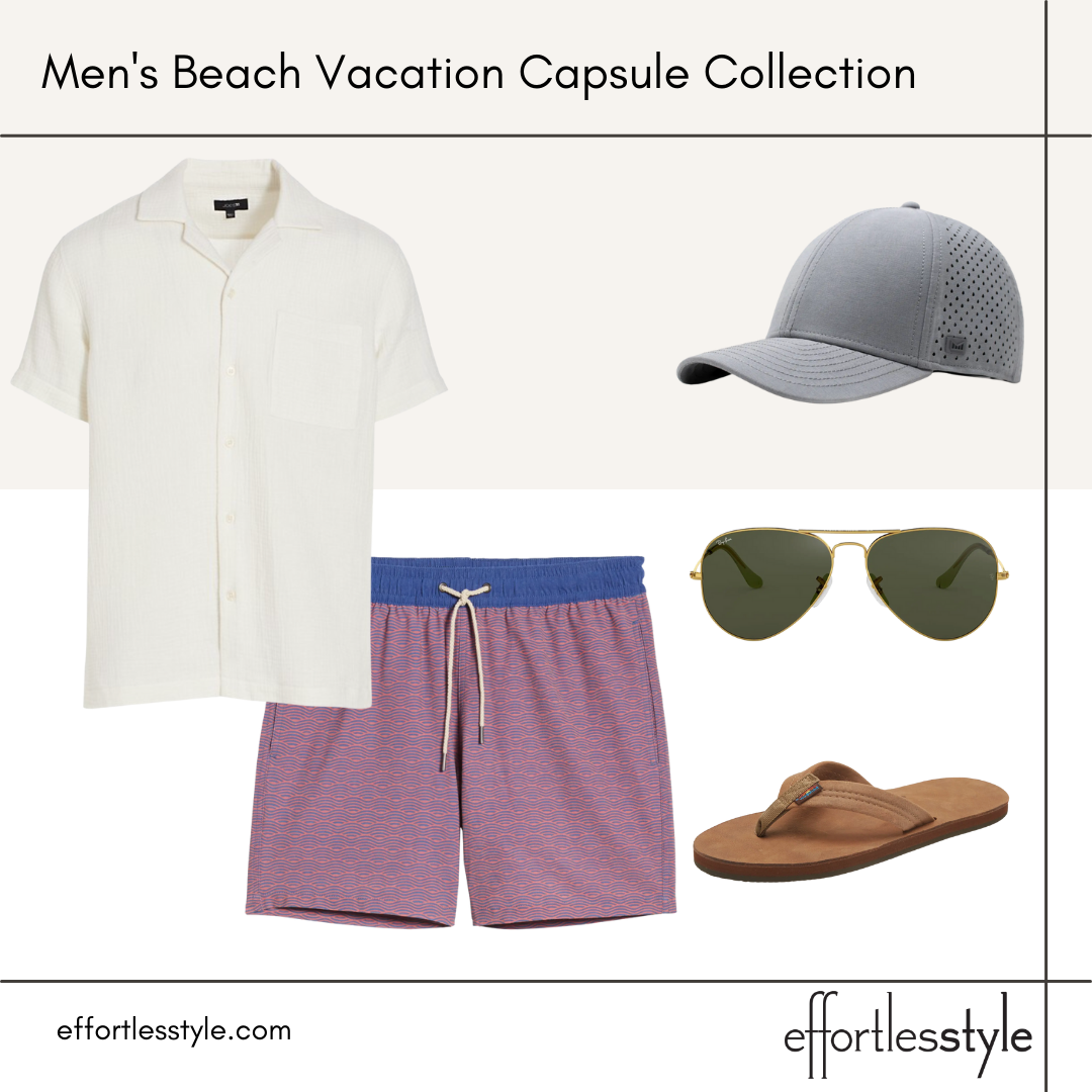 Men's Beach Vacation Capsule Styled Looks how to wear a button-up shirt on the beach how to style your swim suit how to look put together at the pool how to dress up your swim suit