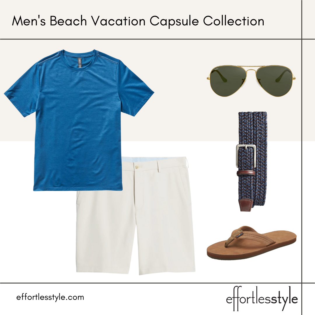 Men's Beach Vacation Capsule Styled Looks how to style performance tee and performance shorts how to dress up a performance tee shirt