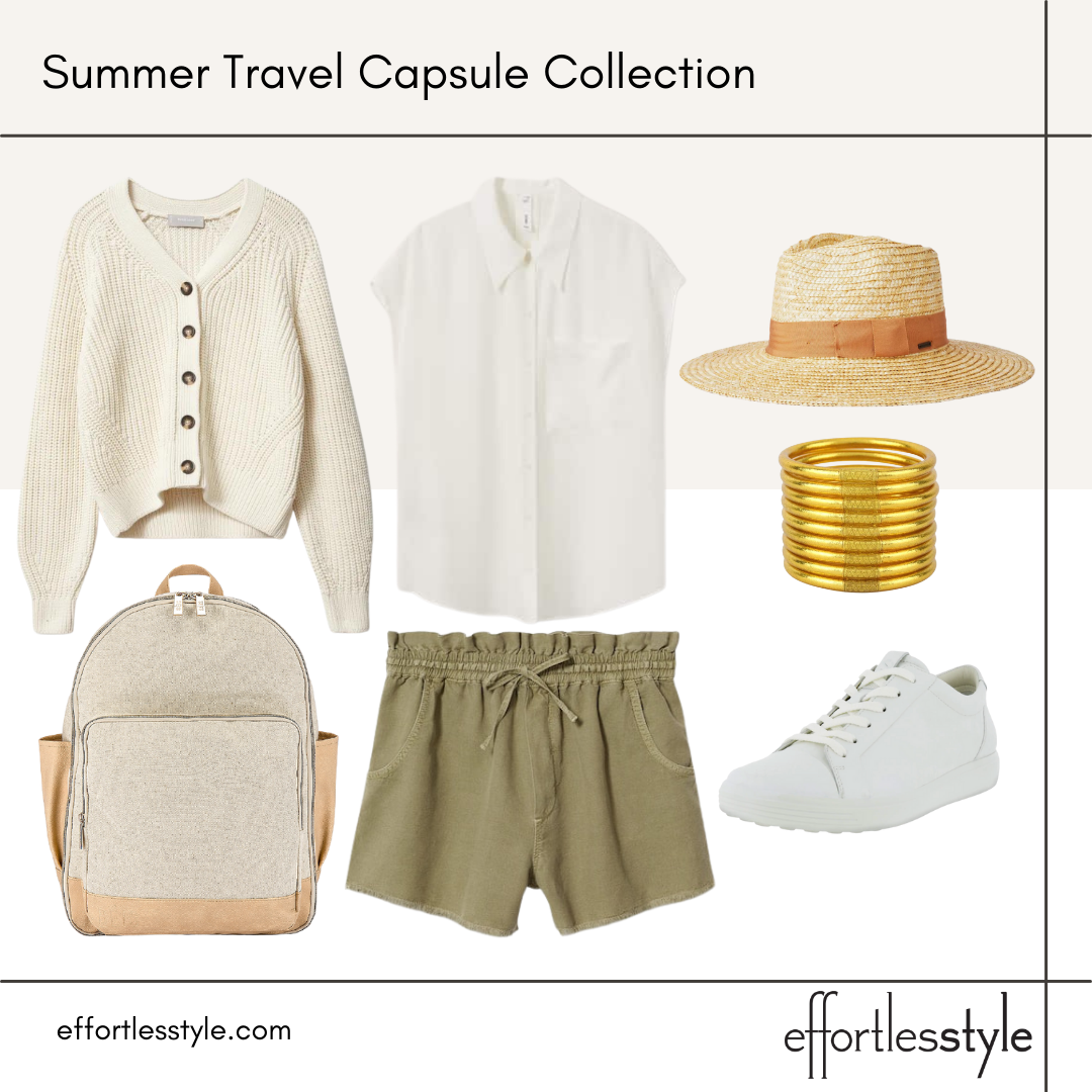 Summer Travel Capsule Styled Looks - Part 1 button-up shirt and shorts neutral look for traveling cute white sneakers all weather bangles waterproof bangles