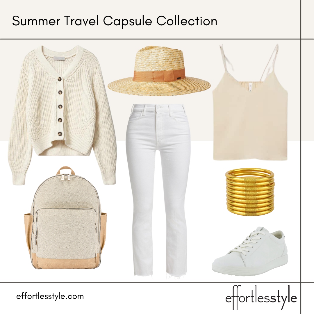 Summer Travel Capsule Styled Looks - Part 1 camisole and white jeans how to create a monochromatic look good cardigan for summer all neutral look how to style white jeans