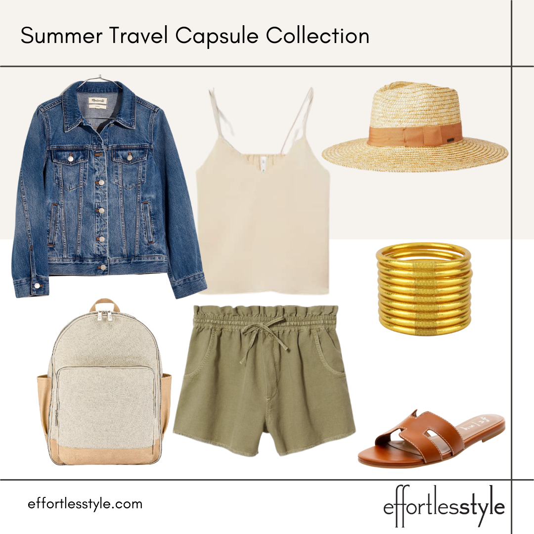 Summer Travel Capsule Styled Looks - Part 1 camisole and olive shorts how to style a camisole with shorts affordable backpack for traveling stylish backpack for traveling