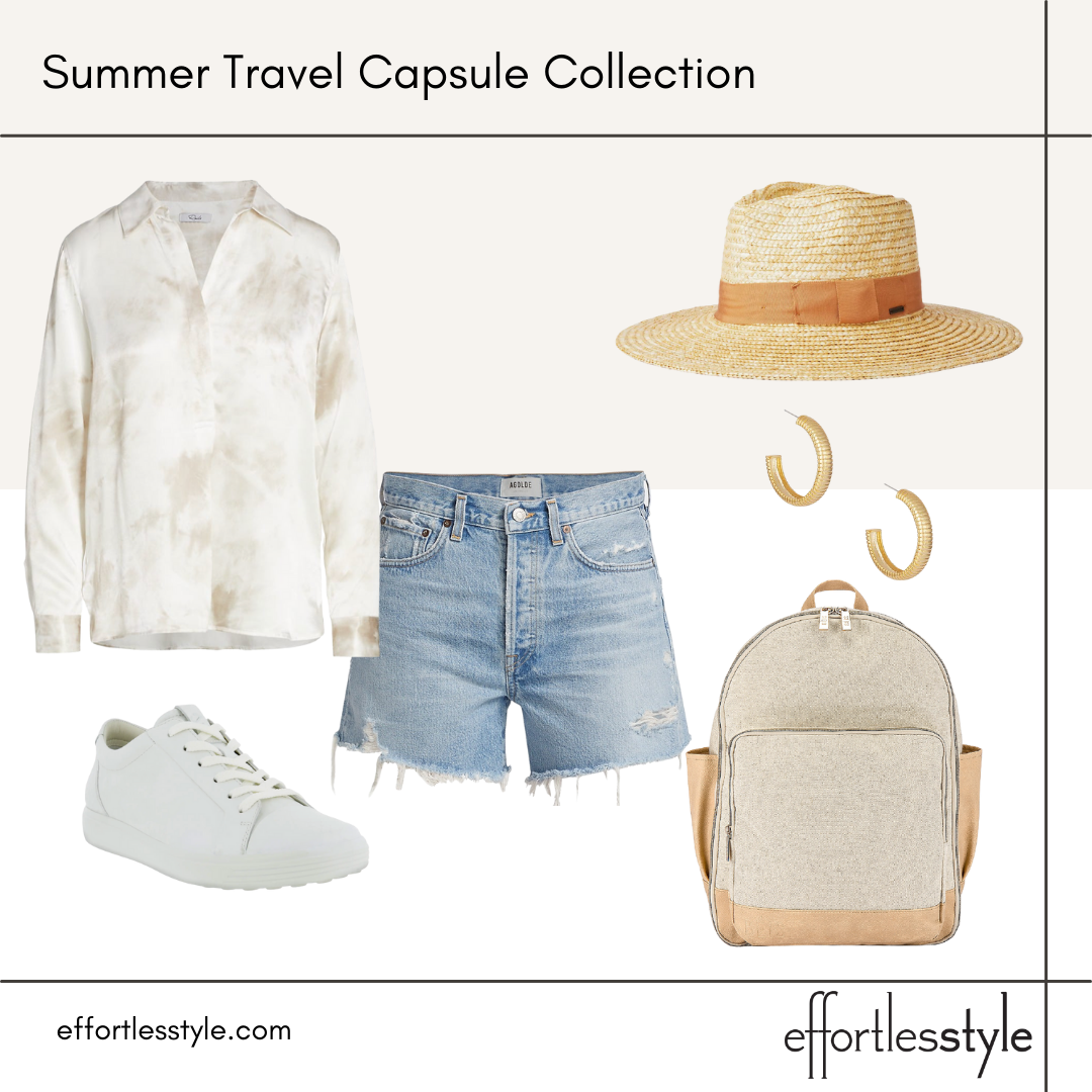Summer Travel Capsule Styled Looks - Part 2 long sleeve blouse and denim shorts how to dress denim shorts up how to dress a blouse down pretty backpack for traveling