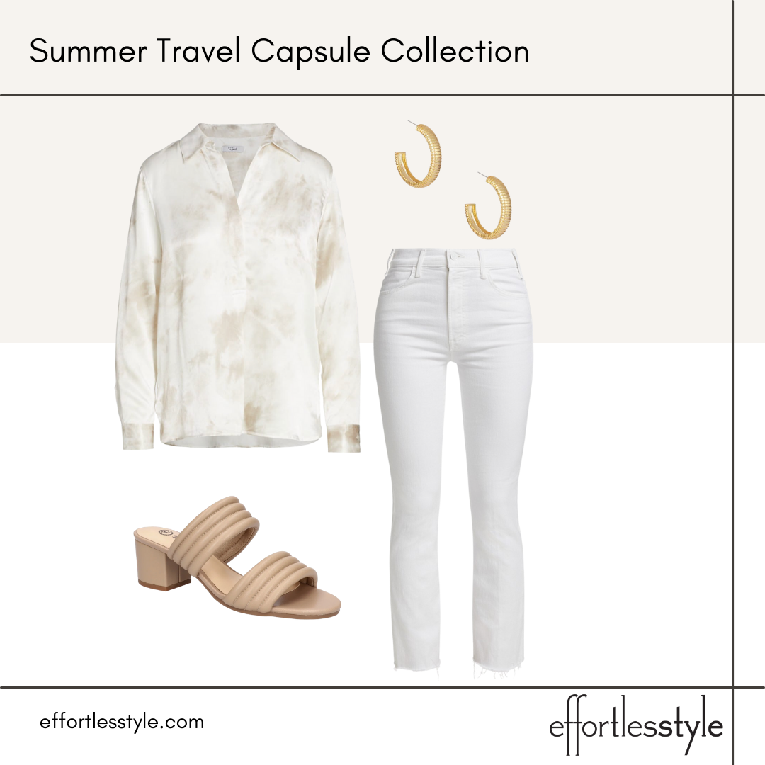 Summer Travel Capsule Styled Looks - Part 2 long sleeve blouse and white jeans dressy monochromatic look for summer how to style long sleeve blouse in summer how to wear jeans in the summer