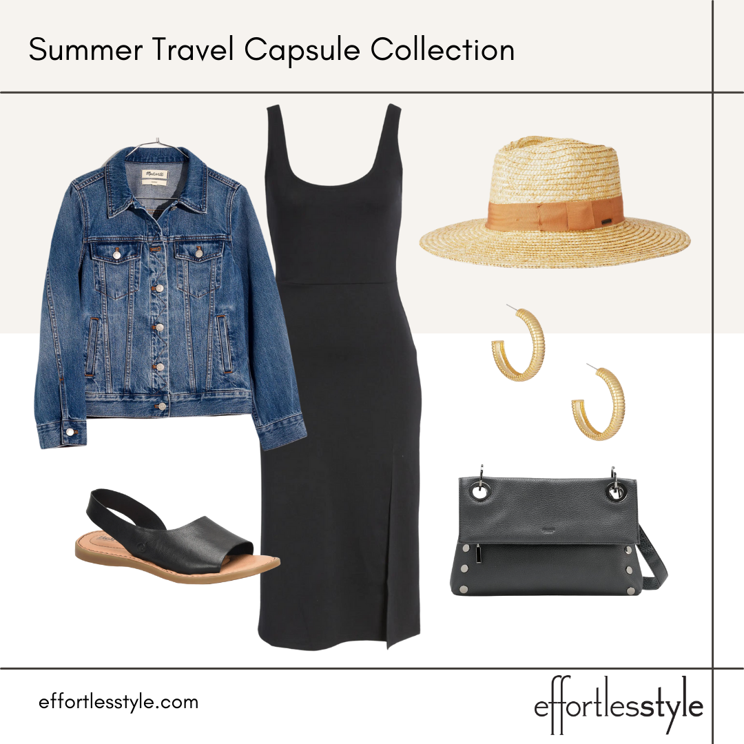 Summer Travel Capsule Styled Looks - Part 2 midi dress and denim jacket how to wear a denim jacket in summer how to wear a midi dress and sandals