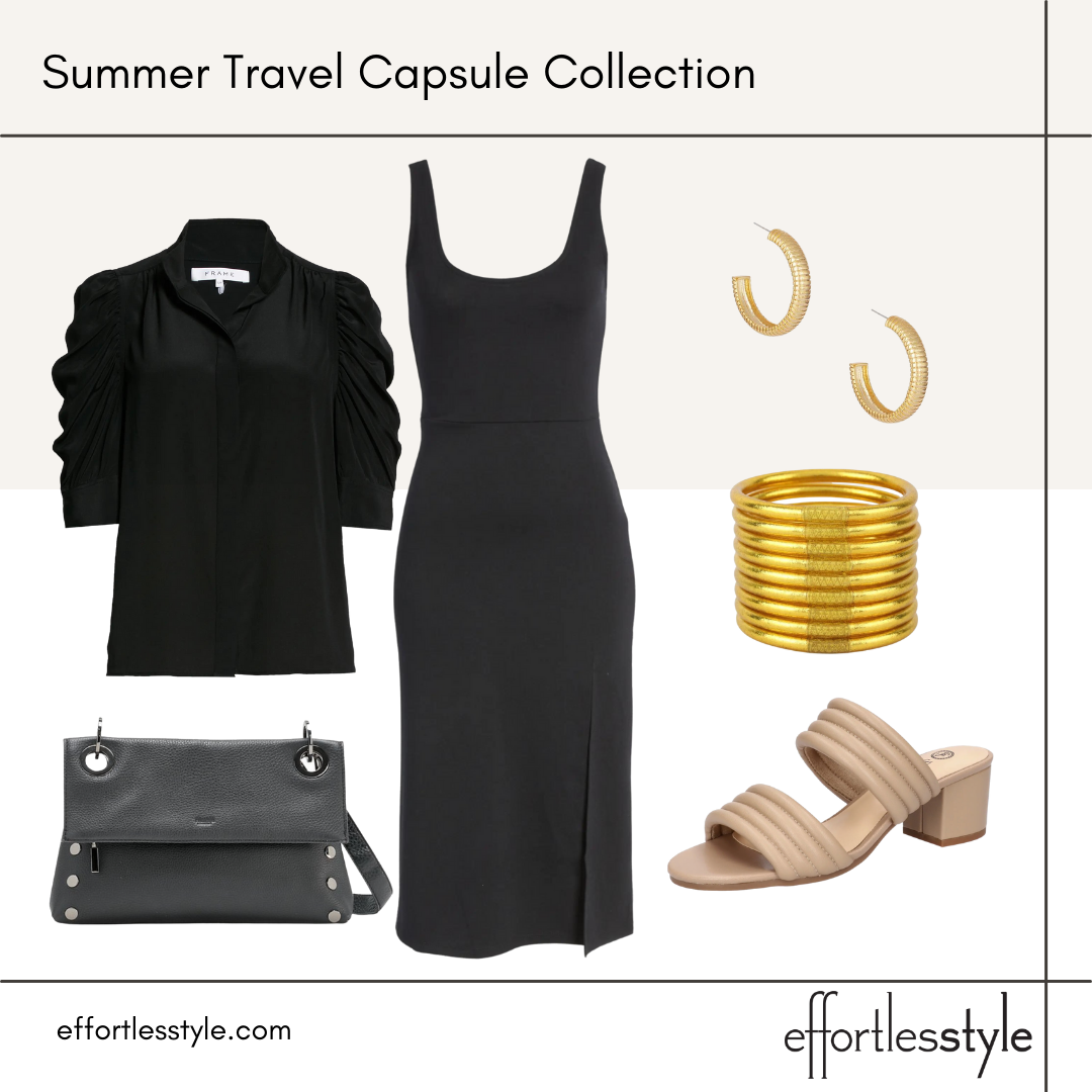 Summer Travel Capsule Styled Looks - Part 2 midi dress and short sleeve blouse how to style a midi dress for date night how to layer a blouse over a midi dress summer date night look