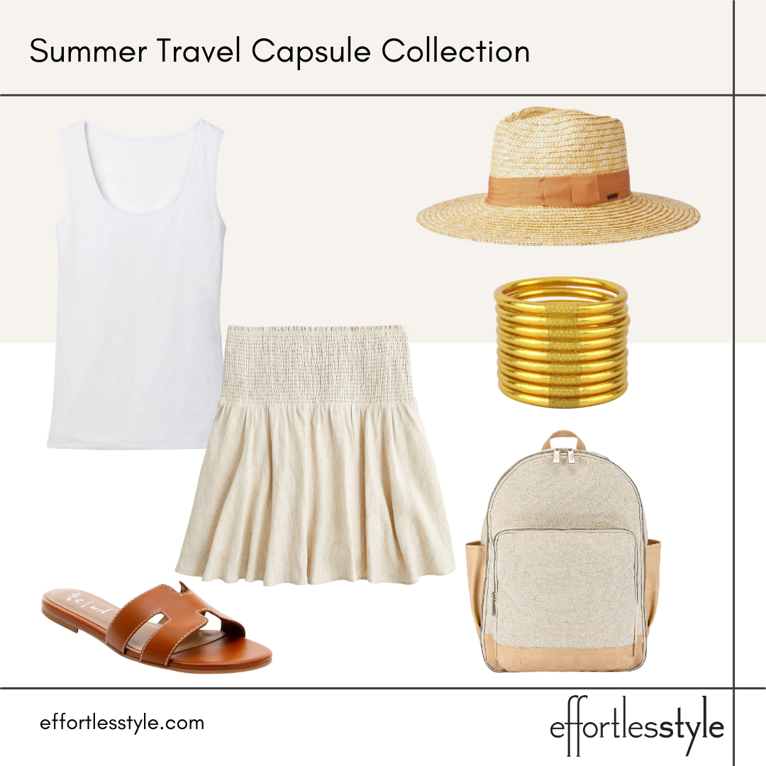 Summer Travel Capsule Styled Looks - Part 2 scoopneck tank and smocked waist skirt age appropriate tank and skirt look how to wear a short skirt in your 40s