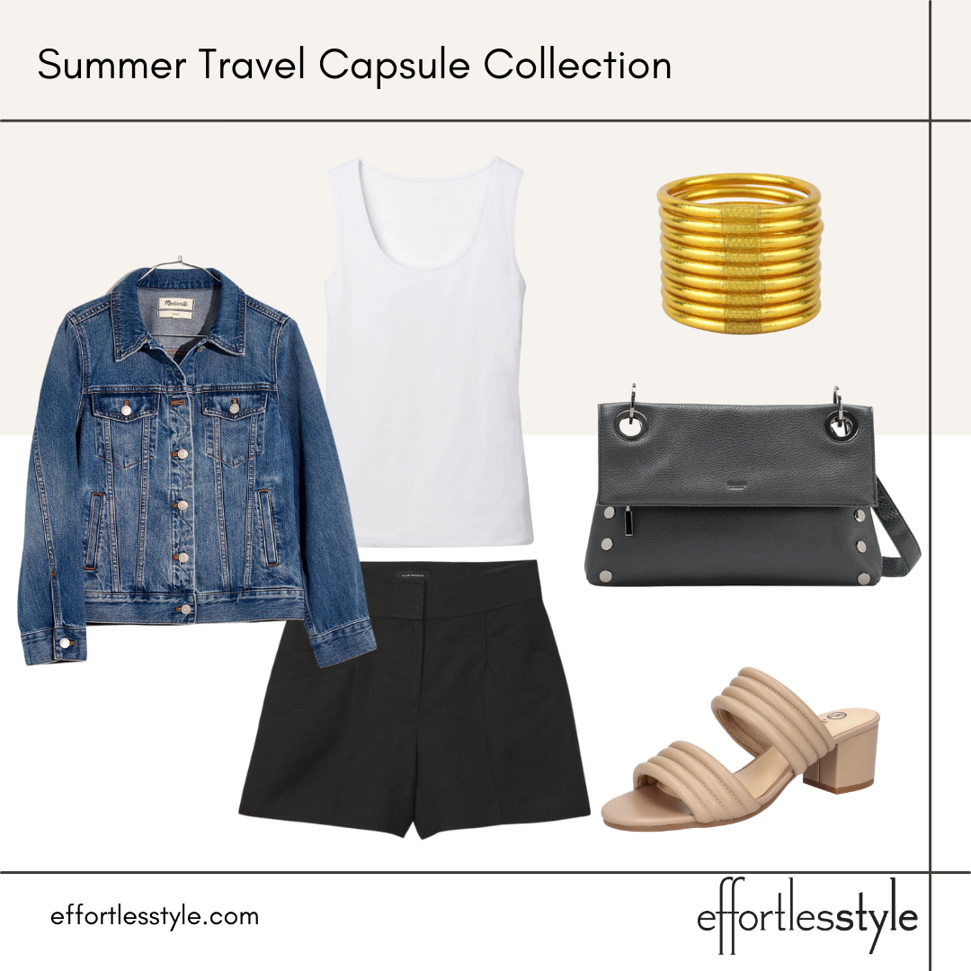 Summer Travel Capsule Styled Looks - Part 2 scoopneck tank and black shorts how to style black and white colorblocked look how to wear a denim jacket in the summer