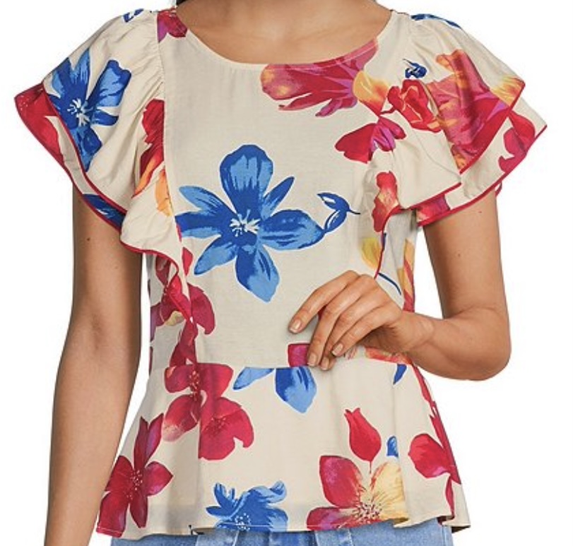 May Favorites ruffle short sleeve blouse floral blouse fun summer blouse bright colors for summer dressy casual top for summer