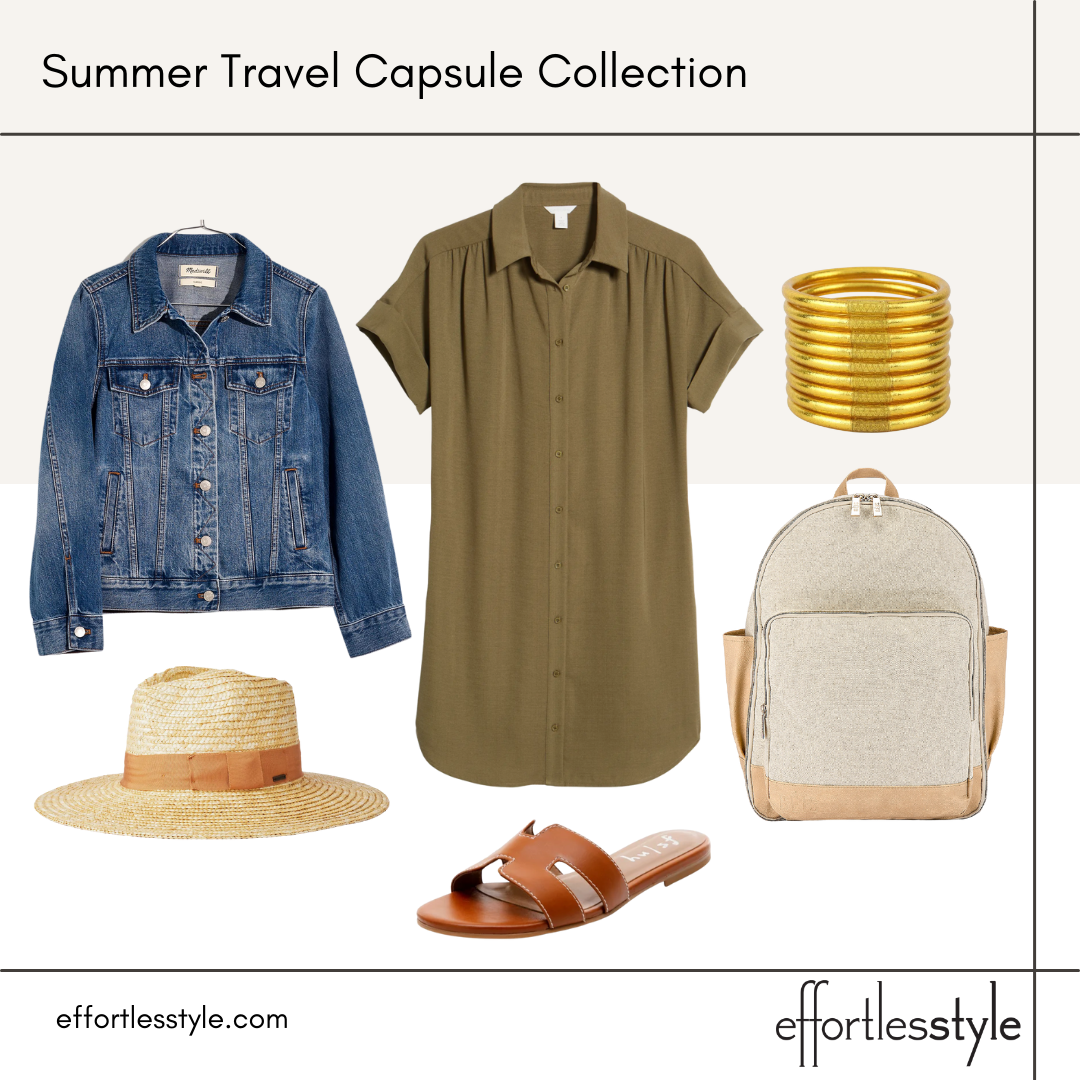 Summer Travel Capsule Styled Looks - Part 1 shirt dress and flat sandals how to style a shirt dress with a denim jacket all weather bracelets waterproof bangles comfortable sandals for walking