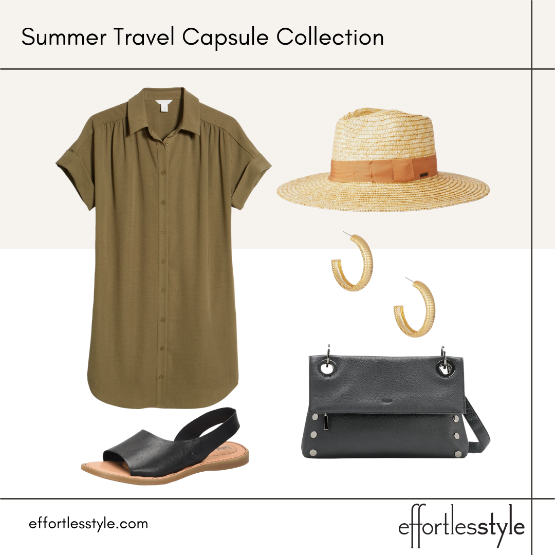 Summer Travel Capsule Styled Looks - Part 1 shirt dress and sun hat how to style a sun hat how to be cute and comfortable for travel good sandals for walking