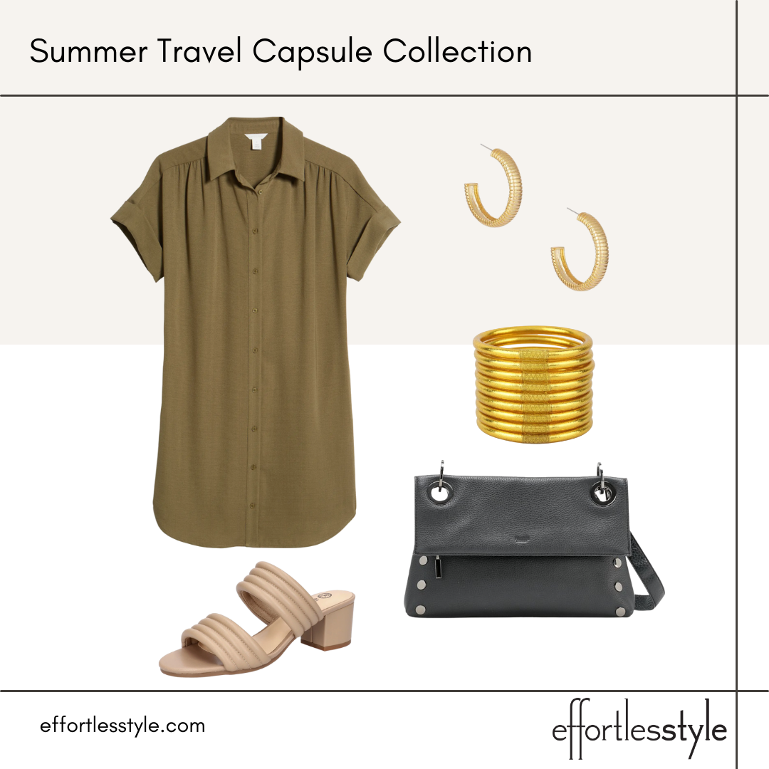 Summer Travel Capsule Styled Looks - Part 1 shirt dress and block heel sandals how to dress up a shirt dress affordable shirt dress for summer shirt dress for earl fall