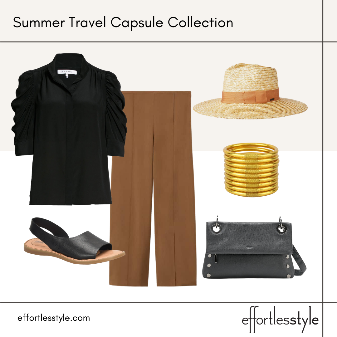 Summer Travel Capsule Styled Looks - Part 1 short sleeve blouse and wide leg pants how to style wide leg pants with sandals good sun hat for summer travel packable sun hat comfortable sandals for walking