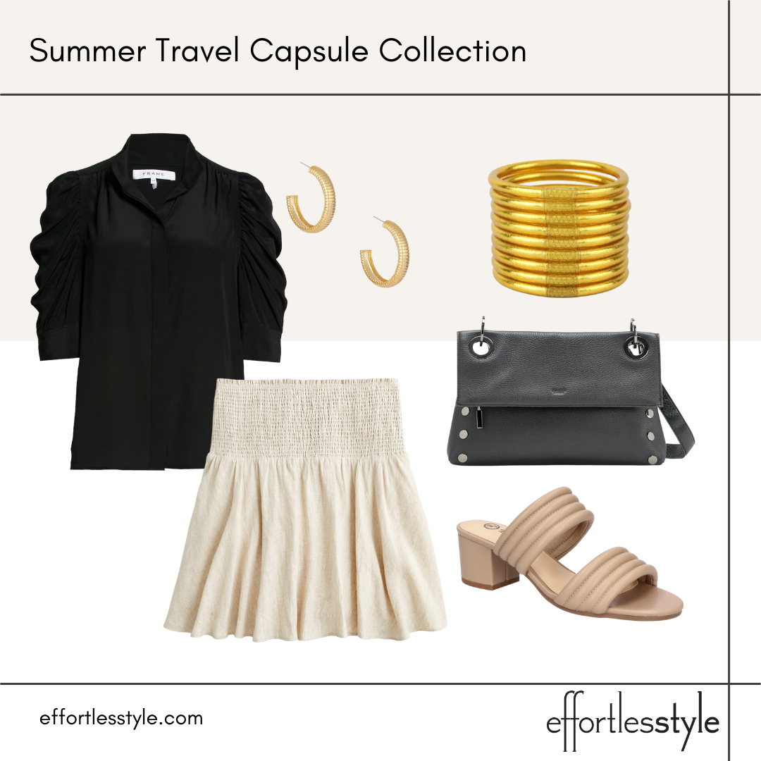 Summer Travel Capsule Styled Looks Part 1 - short sleeve blouse and skirt how to style a smoked waist skirt how to wear a short skirt in your 40s how to style a linen skirt