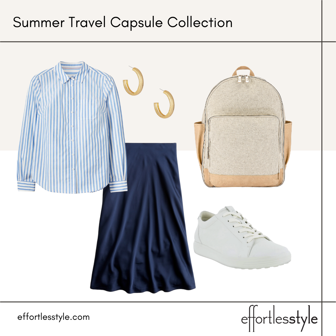 Summer Travel Capsule Styled Looks - Part 1 striped button-up shirt and midi skirt how to style a button-up shirt and midi skirt how to wear sneakers with a midi skirt style tips for midi skirts