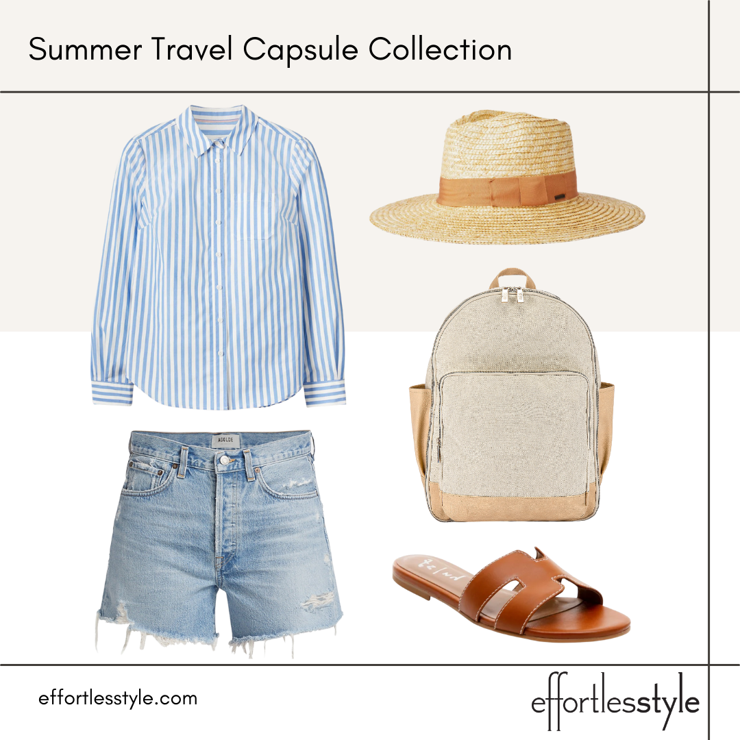 Summer Travel Capsule Styled Looks - Part 1 striped button-up shirt and denim shorts how to dress denim shorts up how to wear denim shorts with a button-up shirt