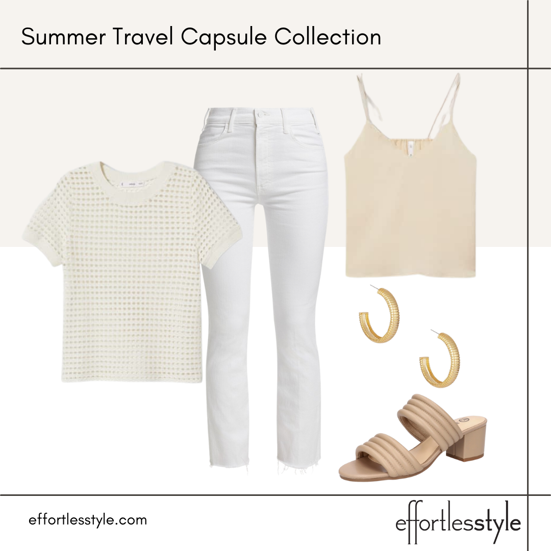 Summer Travel Capsule Styled Looks - Part 2 textured tee and white jeans monochromatic summer look how to style white jeans in the summer how to put together a monochromatic look