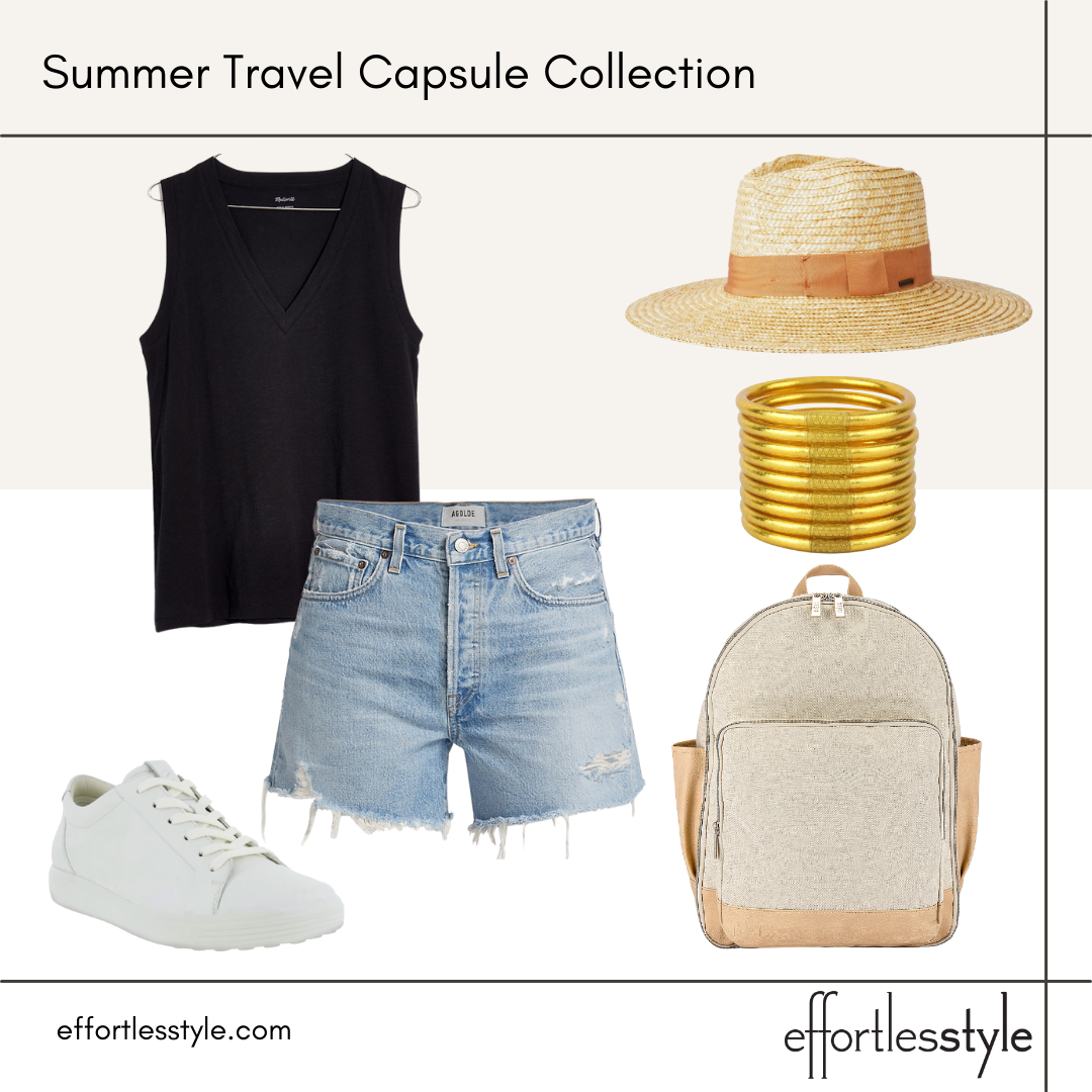 Summer Travel Capsule Styled Looks - Part 2 v-neck tank and denim shorts how to style denim shorts in your 40s age appropriate cutoff shorts how to wear white sneakers with black