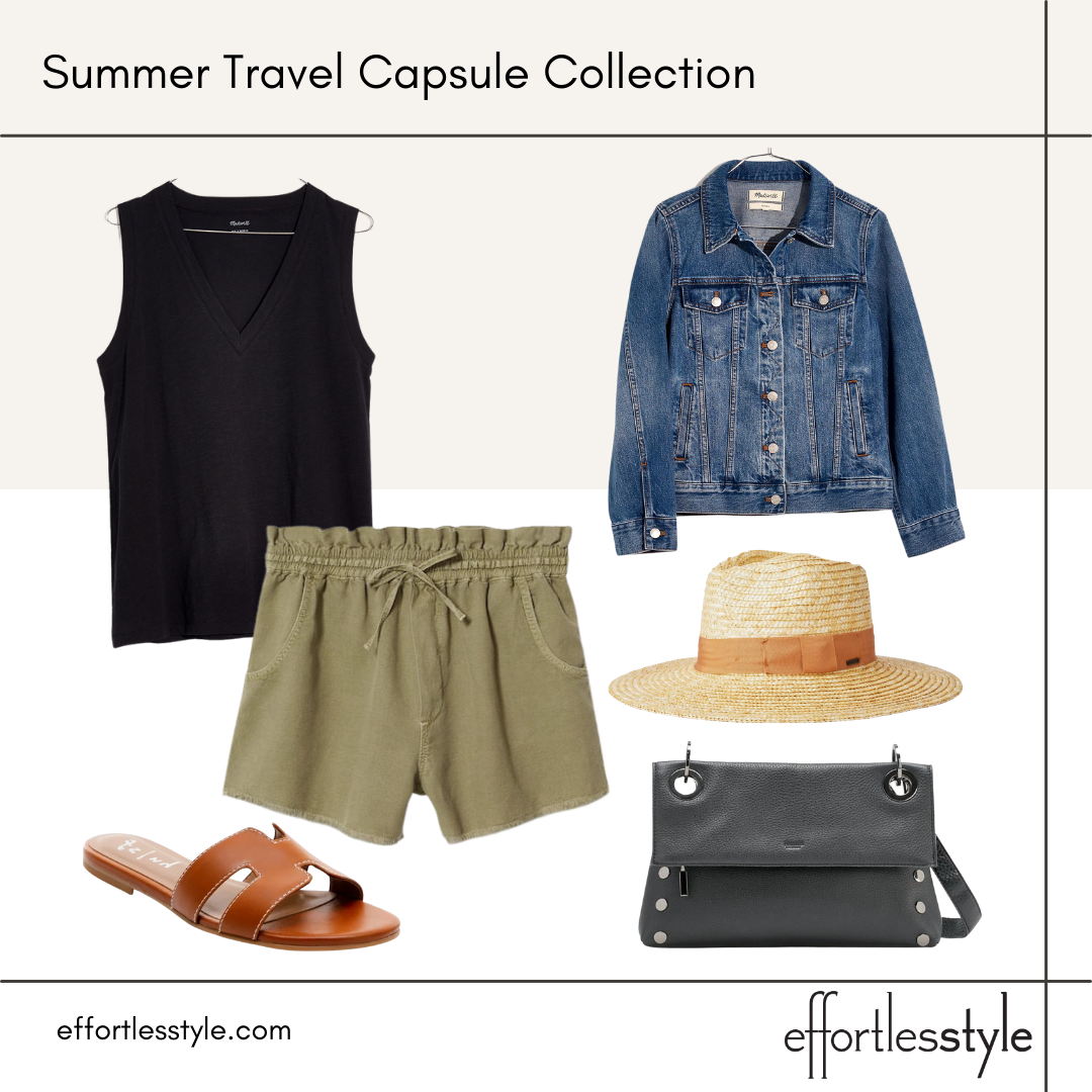 Summer Travel Capsule Styled Looks - Part 2 v-neck tank and pull-on shorts how to wear brown with black crossbody for traveling packable sun hat sun hat for traveling comfortable leather sandals