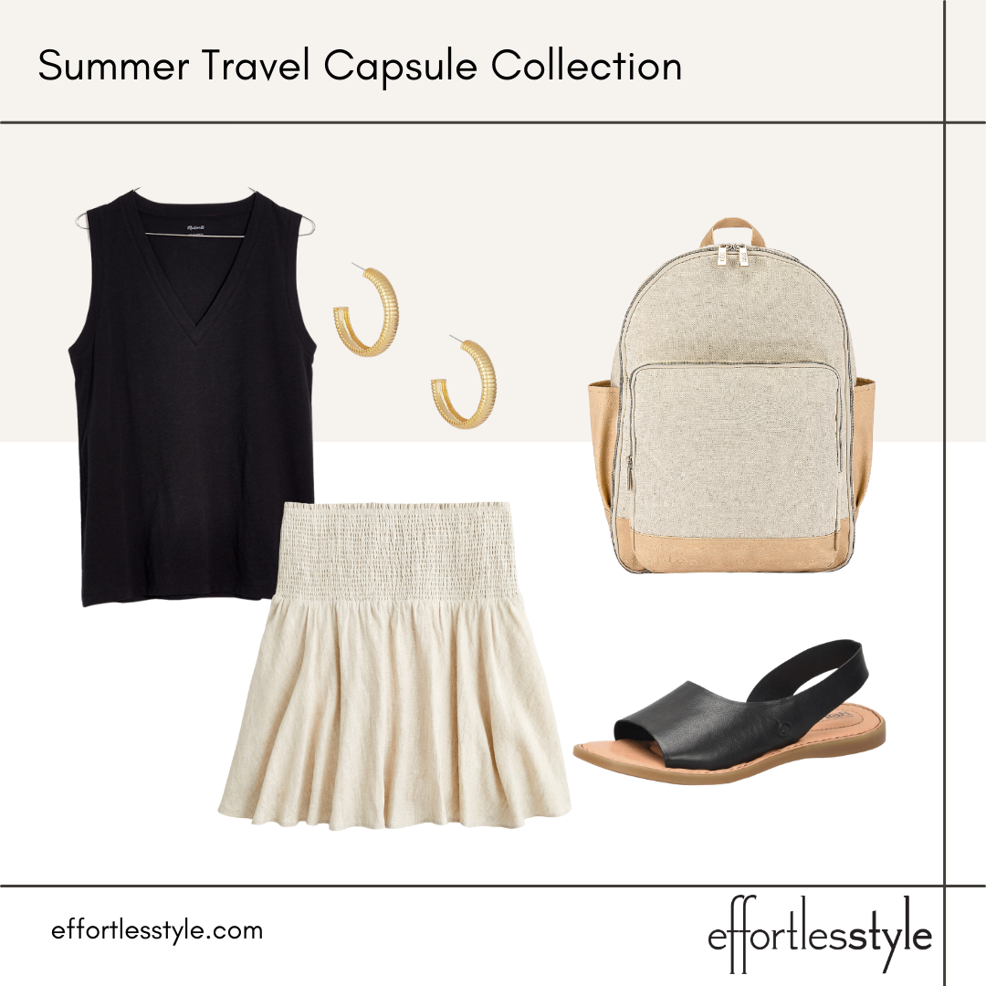 Summer Travel Capsule Styled Looks - Part 2 v-neck tank and smocked waist skirt how to style a short skirt in your 40s black colorblock look good backpack for traveling