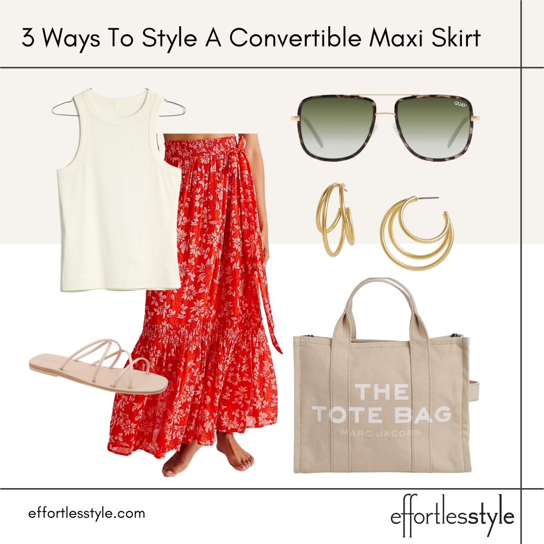 3 Ways To Style A Convertible Maxi Skirt floral wrap convertible maxi skirt how to wear a maxi skirt running errands how to style a maxi skirt for a busy day how to look cute but comfortable for summer favorite sunglasses in Nordstrom sale perfect tote bag for summer comfortable strappy slide sandals affordable gold hoop earrings go-to tank for summer good basic white tank for summer