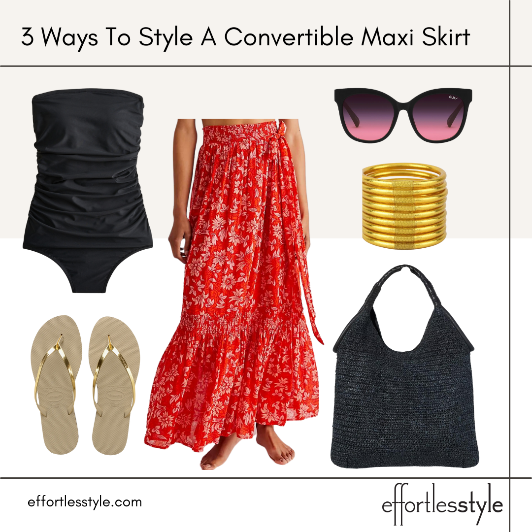 3 Ways To Style A Convertible Maxi Skirt floral wrap convertible maxi skirt how to wear a maxi skirt as a cover up how to look cute at a pool party how waterproof bracelets fun sunglasses in Nordstrom sale comfortable and cute flip flops dressy flip flops classic bathing suit for all body types flattering bathing suit affordable swim suit age appropriate swim wear