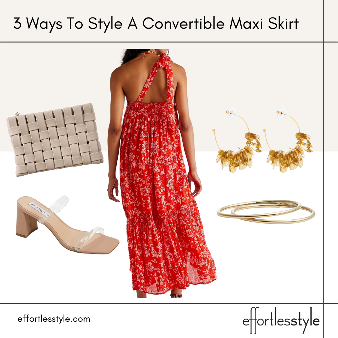 how to wear a maxi skirt as a dress floral maxi dress how to accessorize a maxi dress how to wear a maxi dress for girls night out neutral woven clutch for summer how to style clear sandals special gold hoop earrings