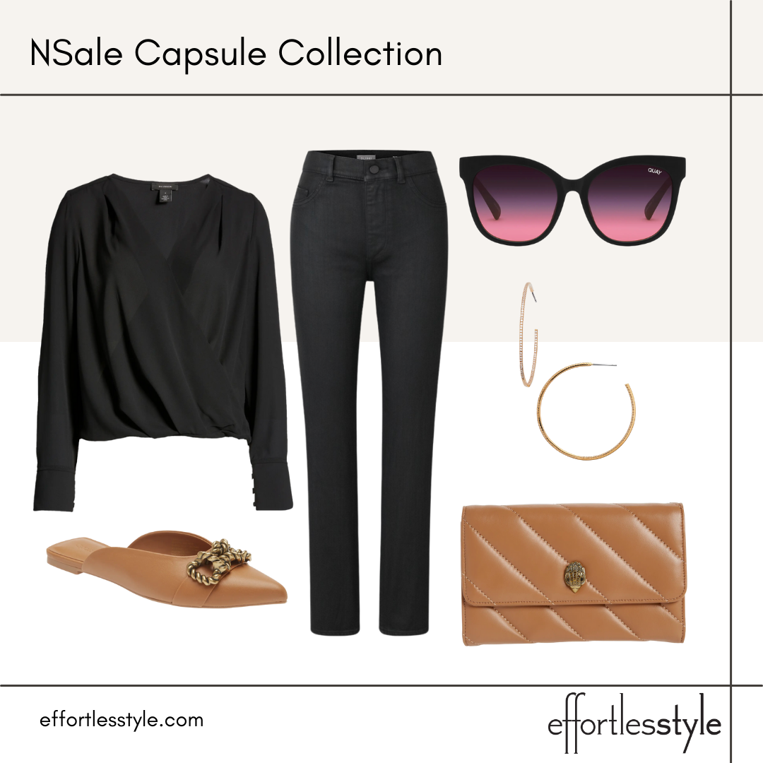 NSale Capsule Collection long sleeve blouse and coated jeans how to wear all black how to style all black with brown accessories affordable coated denim coated denim in the Nordstrom sale