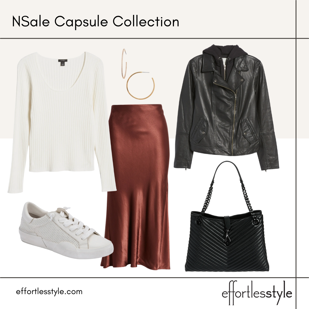 NSale Capsule Collection scoopneck sweater and matching skirt how to wear a midi skirt with sneakers how to wear a leather jacket leather jacket in Nordstrom sale our favorite Nordstrom sale pieces