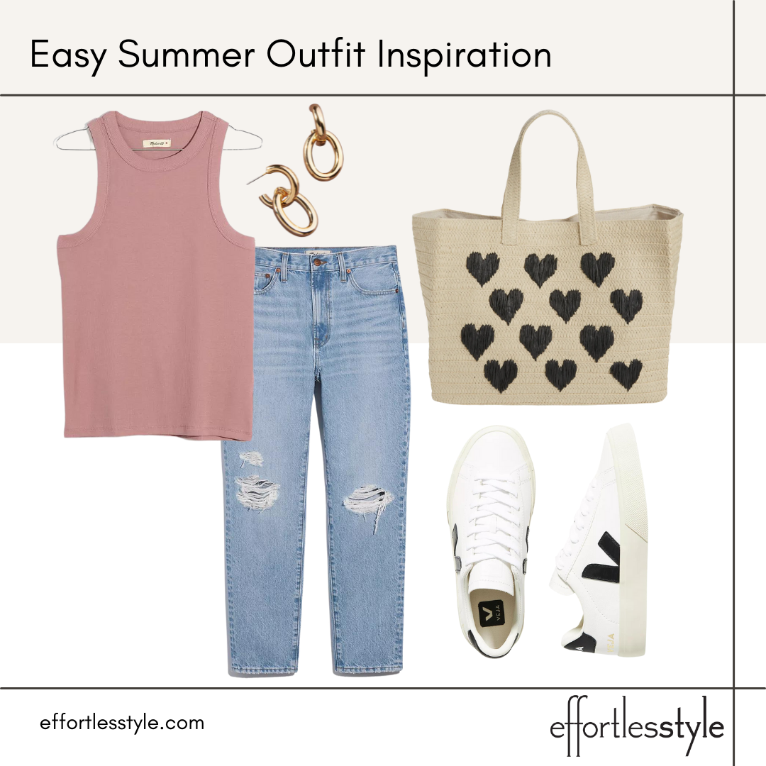 tank top and light wash denim how to wear jeans in the summer how to style sneakers in the summer fun tote bag for summer affordable go-to tank top