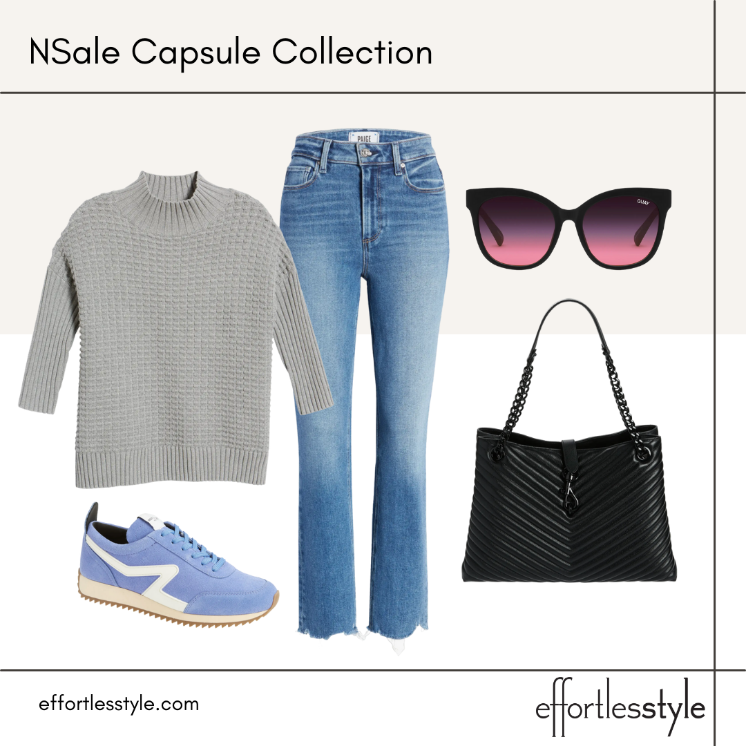 NSale Capsule Collection textured sweater and straight leg jeans how to style retro sneakers shoulder bag for fall