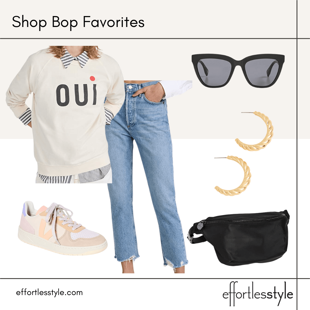 The Best Early Fall Pieces At Shop Bop graphic sweatshirt and crop jeans how to style sneakers for fall affordable gold hoops fall style inspiration from Nashville stylists