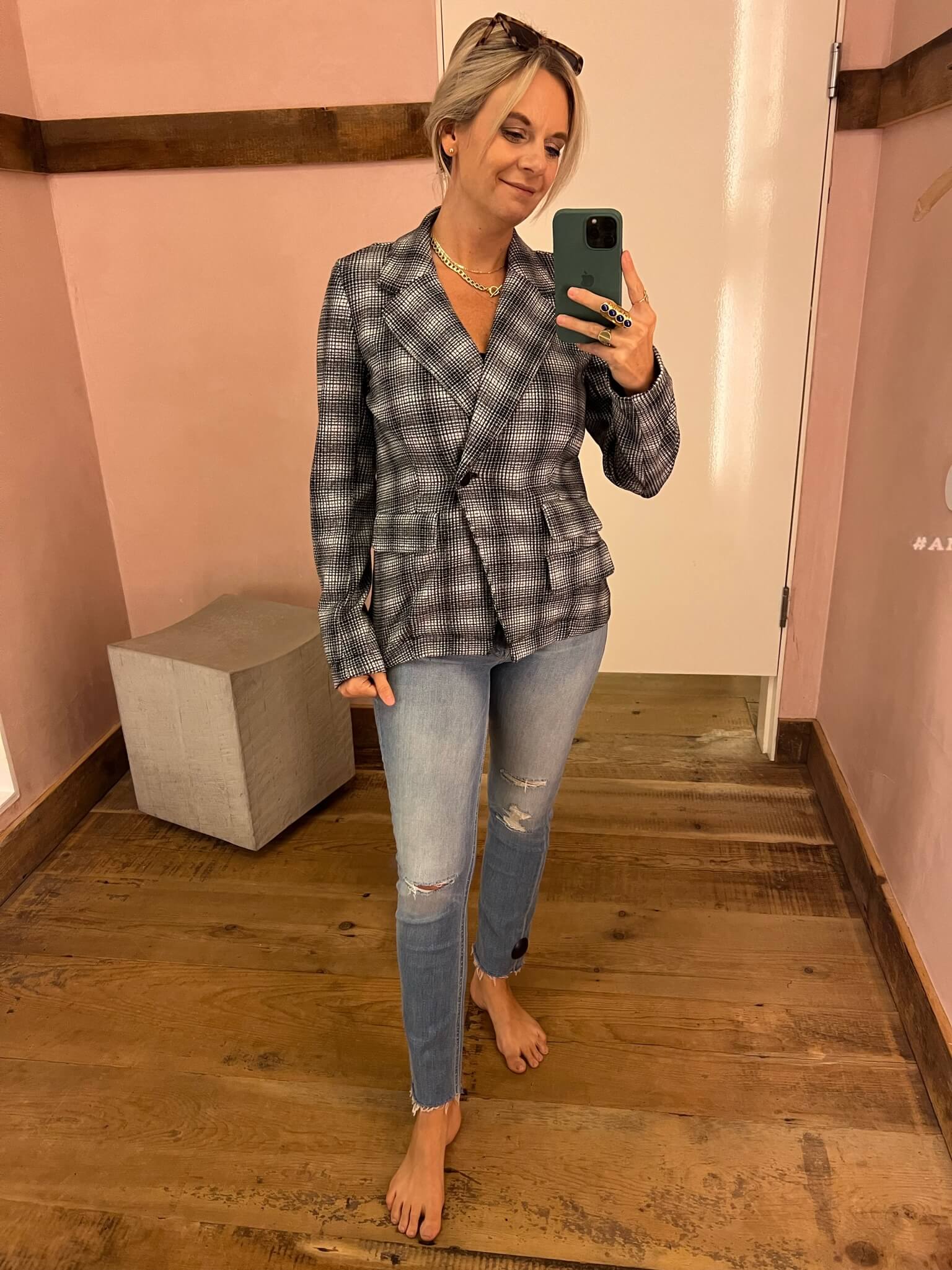 Nashville Stylists Talk Casual Jackets For Fall plaid collegiate knit blazer patterned knit blazer for fall how to wear a knit blazer how to wear a blazer with jeans