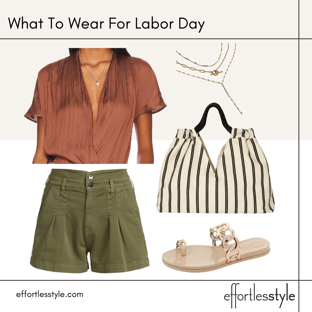 What To Wear For Labor Day for a barbecue with friends how to dress shorts up how to wear a bodysuit how to style a bodysuit early fall shorts look embellished slide sandals how to wear layered necklaces
