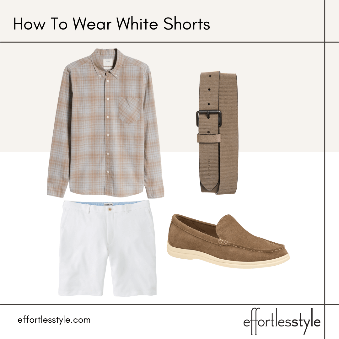 Nashville Stylist Tips For Men: How To Wear White Shorts plaid long sleeve button-up shirt and suede slip ons dressy slip ons for men how to dress up white shorts how to style white shorts with a long sleeve shirt