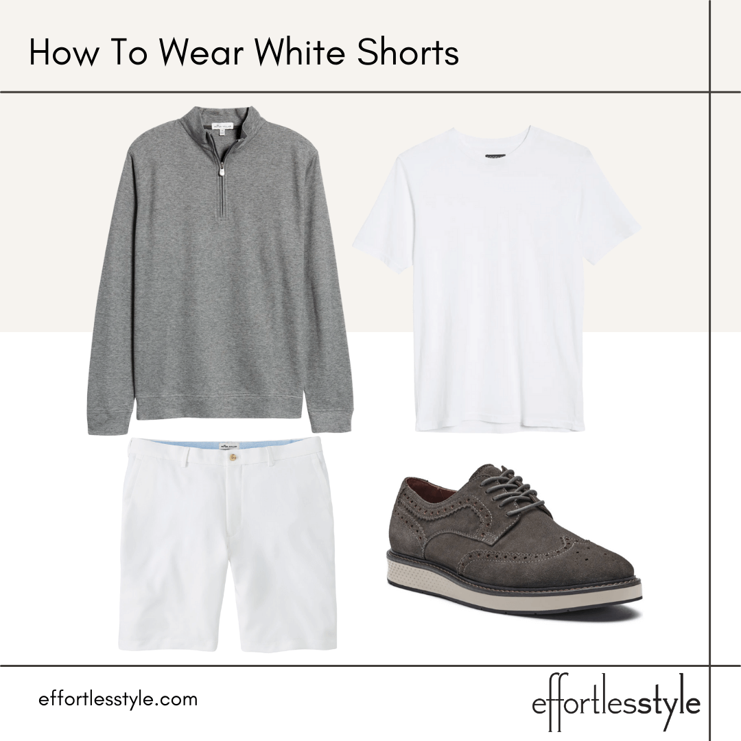 Nashville Stylist Tips For Men: How To Wear White Shorts quarter zip pullover and oxfords how to wear oxfords with shorts how to style wing tipped oxfords how to dress up white shorts how to wear white shorts how to style white shorts after Labor Day how to wear white shorts in the fall