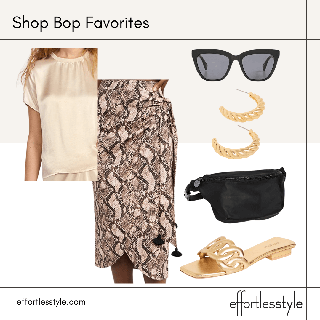 The Best Early Fall Pieces At Shop Bop silk tee shirt and snakeskin wrap skirt how to style a wrap skirt how to accessorize for fall Nashville personal stylists share style inspiration