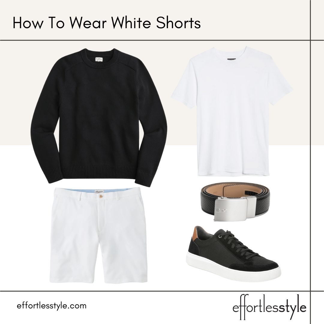 Nashville Stylist Tips For Men: How To Wear White Shorts black crewneck sweater and sneakers how to wear a crewneck sweater without a collar how to dress up sneakers dressy sneakers for men