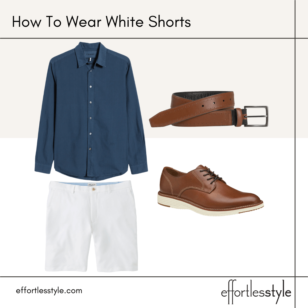 solid long sleeve button-up shirt and white shorts how to dress up shorts how to style derbys how to wear derbys with shorts