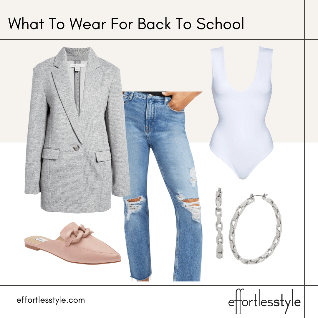 What To Wear For Back To School blazer and jeans how to style distressed denim for a meeting how to accessorize a blazer and jeans how to wear a bodysuit with jeans dressy casual style Nashville stylists how to wear a blazer with distressed jeans