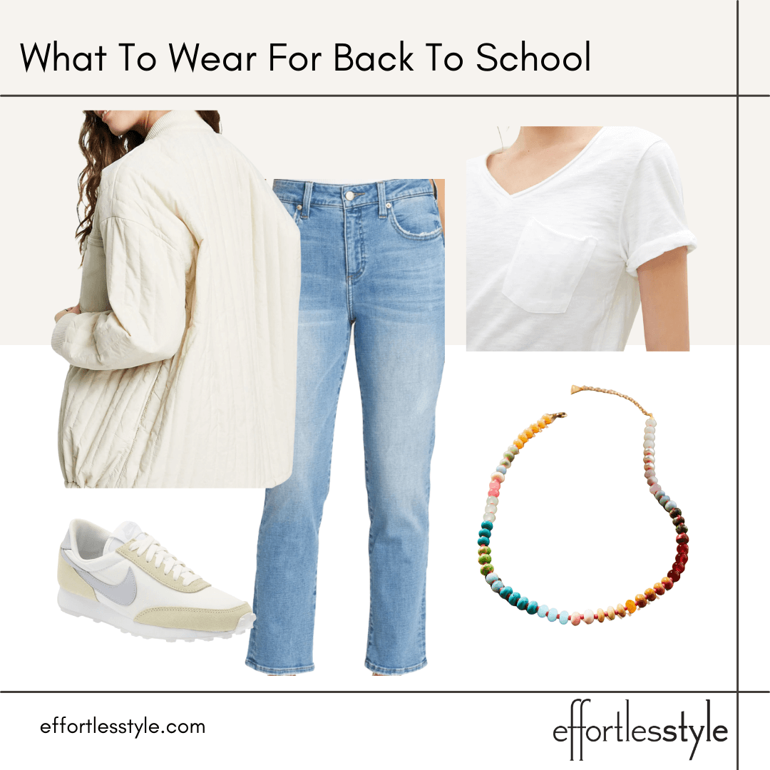 What To Wear For Back To School white tee shirt and jeans how to style white tee shirt and jeans fun bomber jacket for fall fun neutral sneakers how to add a pop of color to a monochromatic look how to accessorize jeans and a tee shirt how to dress jeans and tee shirt up
