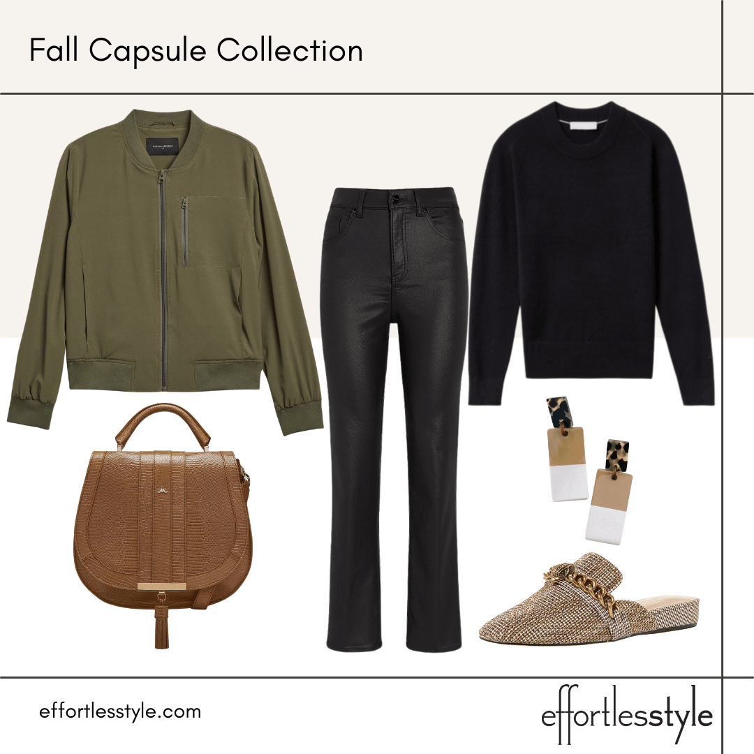 Fall Capsule Wardrobe Styled Looks – Part 1 bomber jacket and crewneck sweater how to add a pop of color to all black how to wear all black in the fall how to wear a casual jacket with coated jeans how to style coated jeans for fall how to wear mules with coated jeans