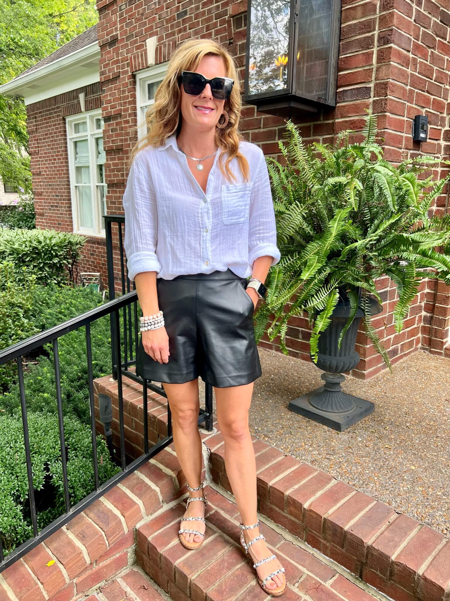 What To Wear For Sunset Safari At The Nashville Zoo button-up shirt and faux leather shorts