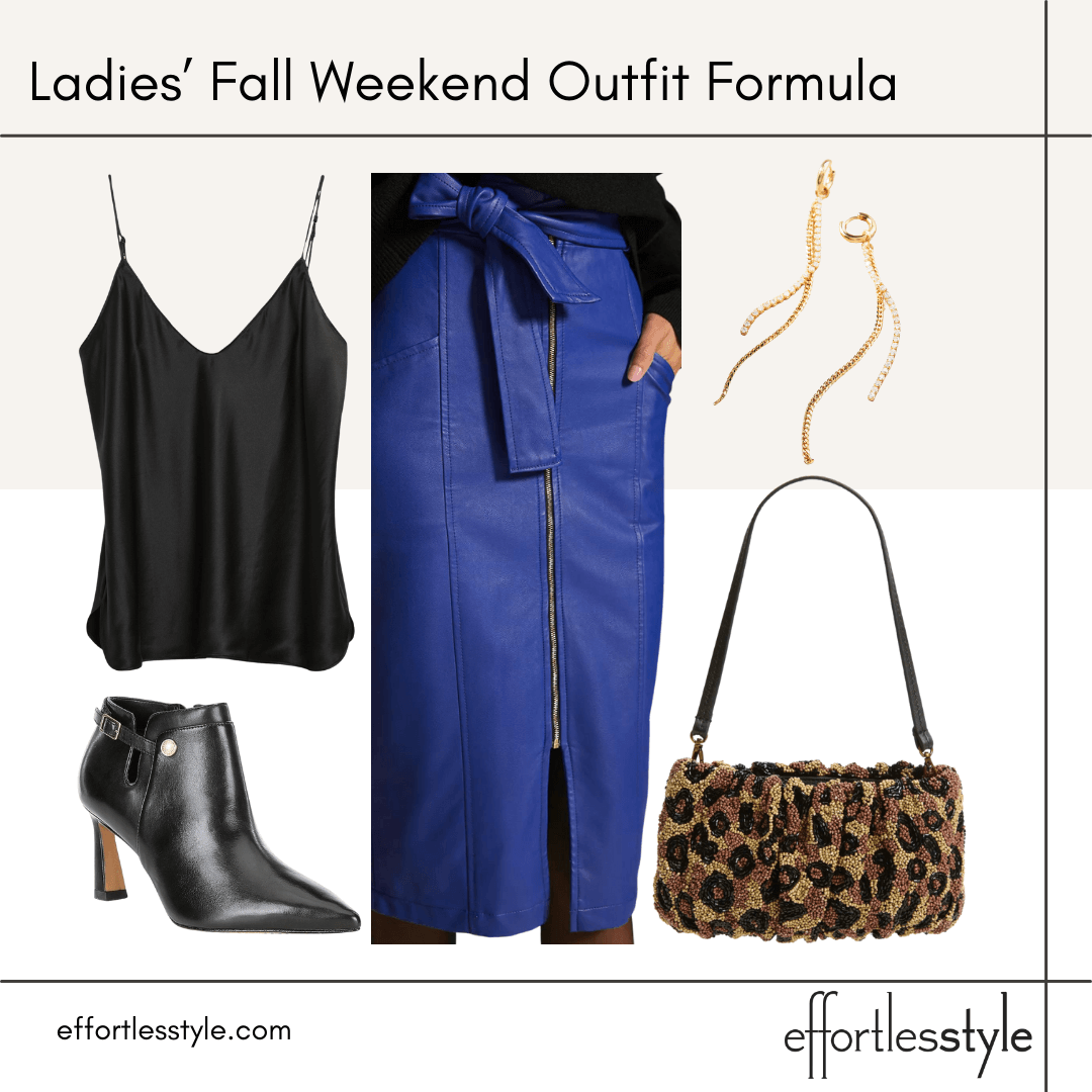 Ladies’ Fall Weekend Outfit Formula camisole and faux leather skirt how to wear black and blue together nashville stylists talk styling faux leather personal stylists talk styling a midi skirt for date night what to wear for date night outfit inspo for girls night out how to incorporate animal print how to wear booties with a midi skirt how to do the faux leather trend