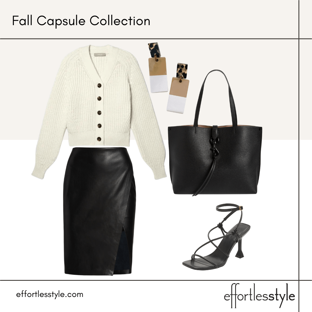 Fall Capsule Wardrobe Styled Looks – Part 1 cardigan and midi skirt how to wear a midi skirt with a sweater how to style a midi skirt for fall how to wear a faux leather wrap skirt for fall how to wear faux leather to work how to style your wrap skirt for work what to wear for a work meeting