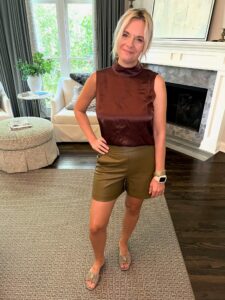 Ladies' Fall Weekend Outfit Formula tank and faux leather shorts how to look casual but put together for the weekend how to wear faux leather shorts in your 40s how to style faux leather shorts how to wear a dressy tank on the weekend how to wear sandals in the fall