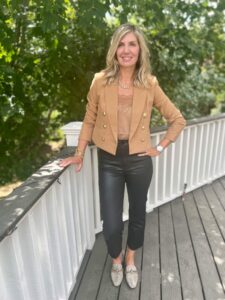 The Best Early Fall Pieces At Express cropped double breasted blazer camisole bodysuit coated jeans
