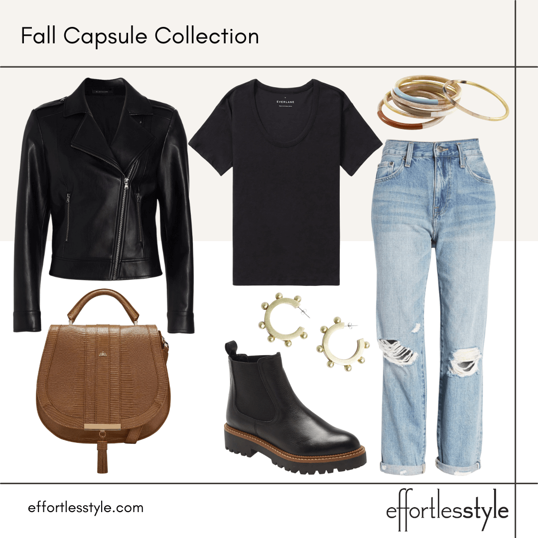 Fall Capsule Wardrobe Styled Looks – Part 1 moto jacket and short sleeve tee how to style a moto jacket for fall how to layer a moto jacket over to tee shirt how to wear a moto jacket with distressed jeans how to wear lug sole booties with a moto jacket